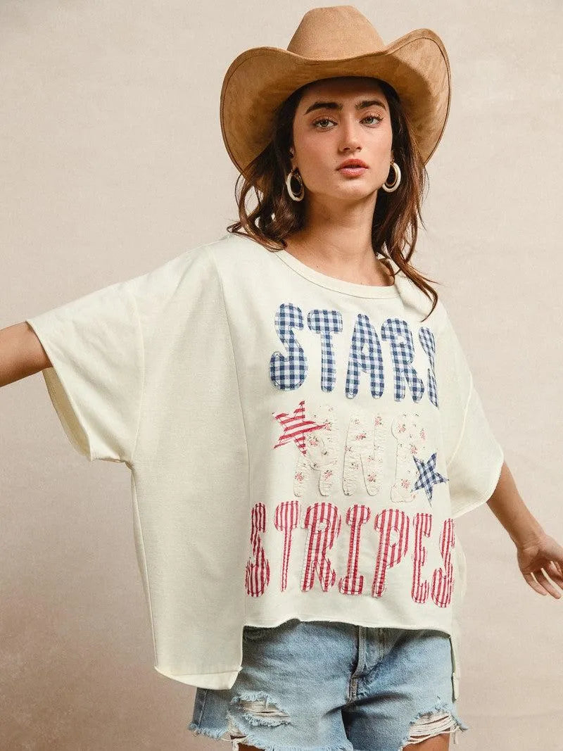BiBi Star Struck Stars and Stripes Patchwork Oversized T-Shirt-Women's Shirts & Tops-Shop Z & Joxa