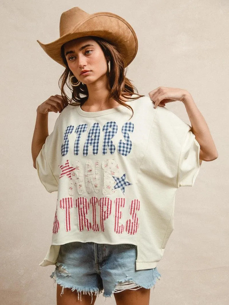 BiBi Star Struck Stars and Stripes Patchwork Oversized T-Shirt-Women's Shirts & Tops-Shop Z & Joxa