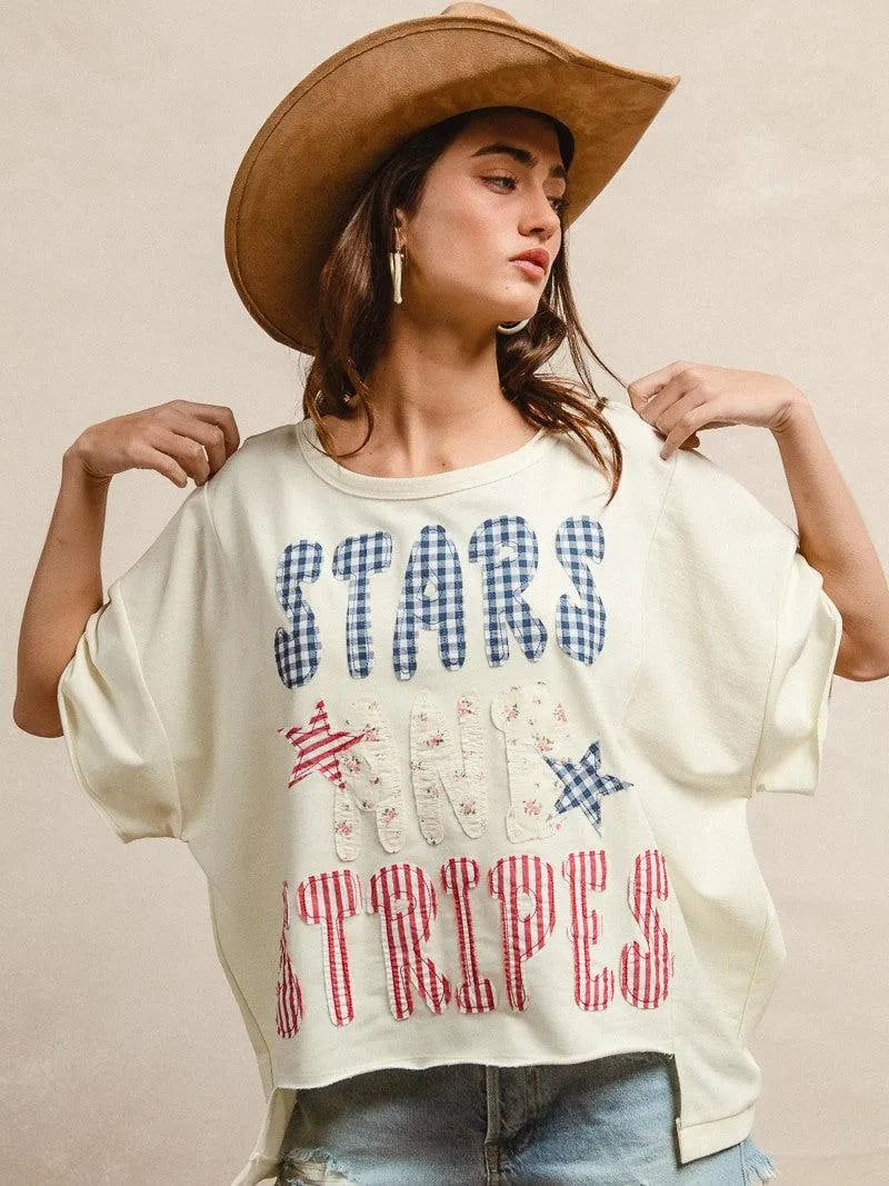 BiBi Star Struck Stars and Stripes Patchwork Oversized T-Shirt-Women's Shirts & Tops-Shop Z & Joxa