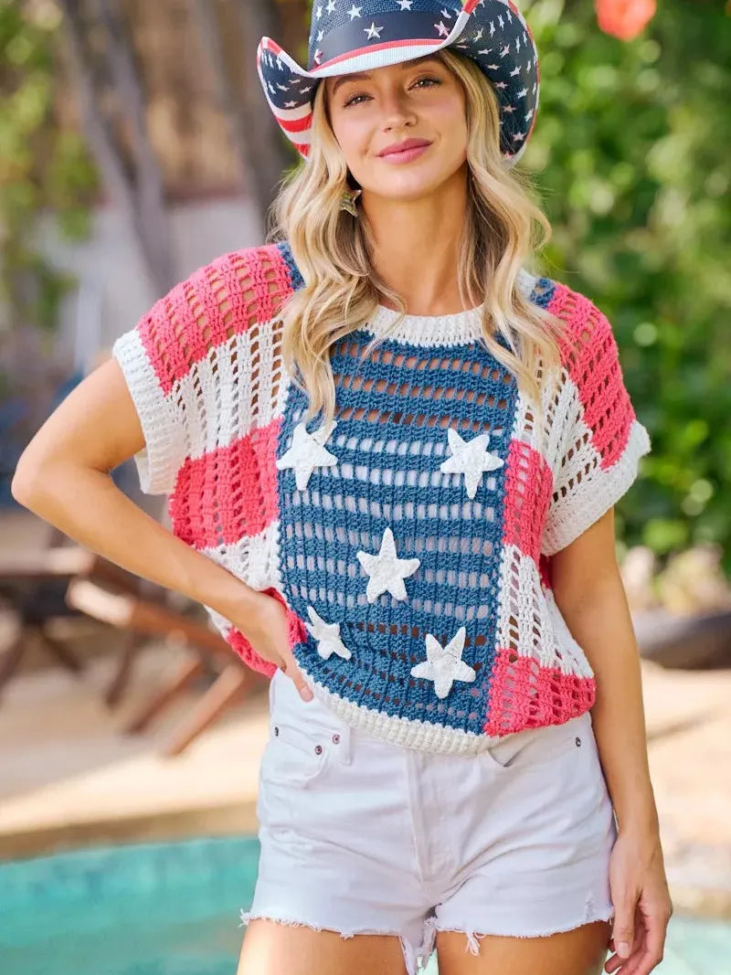 BiBi Stars, Stripes & Sunshine Crochet Star 4th Of July Sweater-Women's Shirts & Tops-Shop Z & Joxa