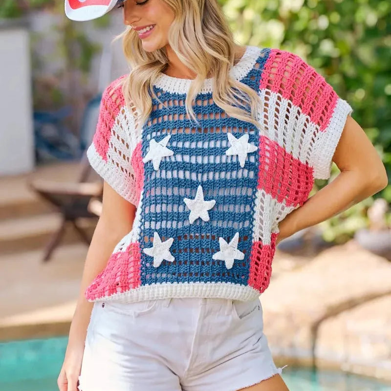 BiBi Stars, Stripes & Sunshine Crochet Star 4th Of July Sweater-Women's Shirts & Tops-Shop Z & Joxa