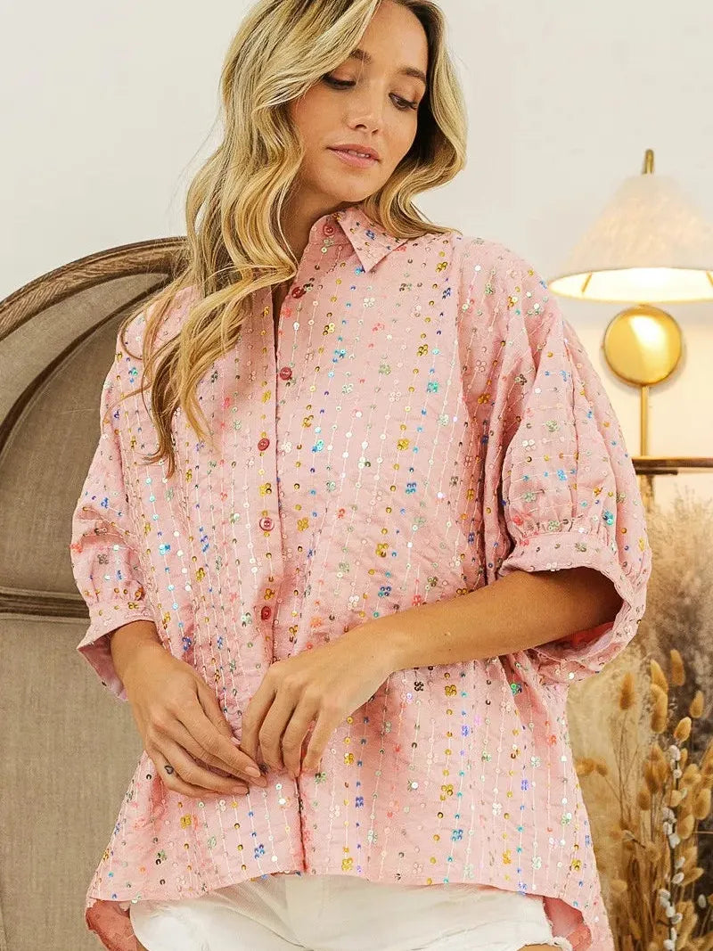 BiBi Stripe Me Shimmer Sequin Striped Dolman Sleeve Blouse-Women's Shirts & Tops-Shop Z & Joxa