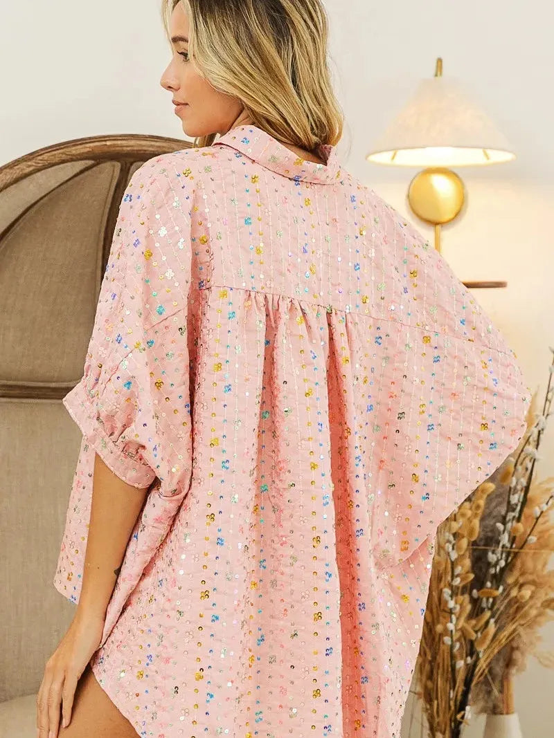 BiBi Stripe Me Shimmer Sequin Striped Dolman Sleeve Blouse-Women's Shirts & Tops-Shop Z & Joxa