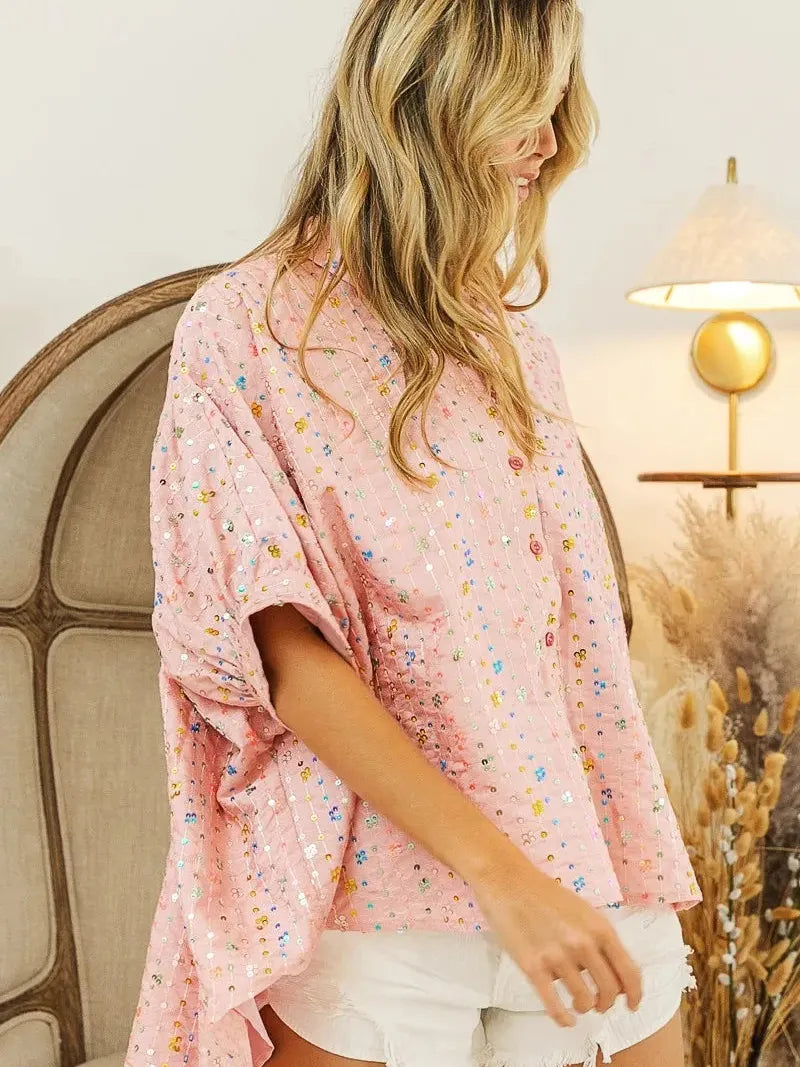 BiBi Stripe Me Shimmer Sequin Striped Dolman Sleeve Blouse-Women's Shirts & Tops-Shop Z & Joxa