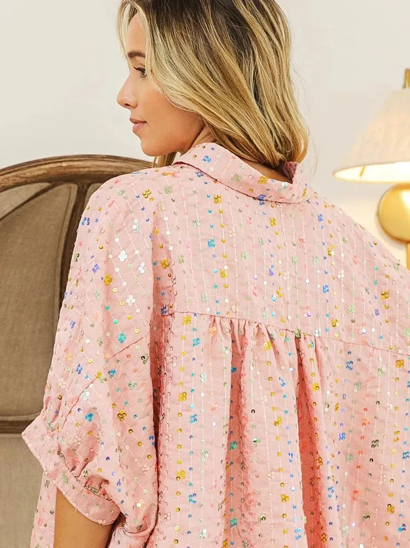 BiBi Stripe Me Shimmer Sequin Striped Dolman Sleeve Blouse-Women's Shirts & Tops-Shop Z & Joxa