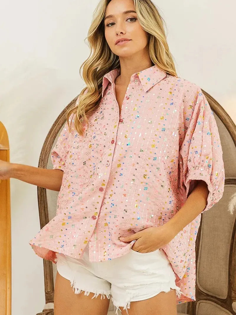 BiBi Stripe Me Shimmer Sequin Striped Dolman Sleeve Blouse-Women's Shirts & Tops-Shop Z & Joxa