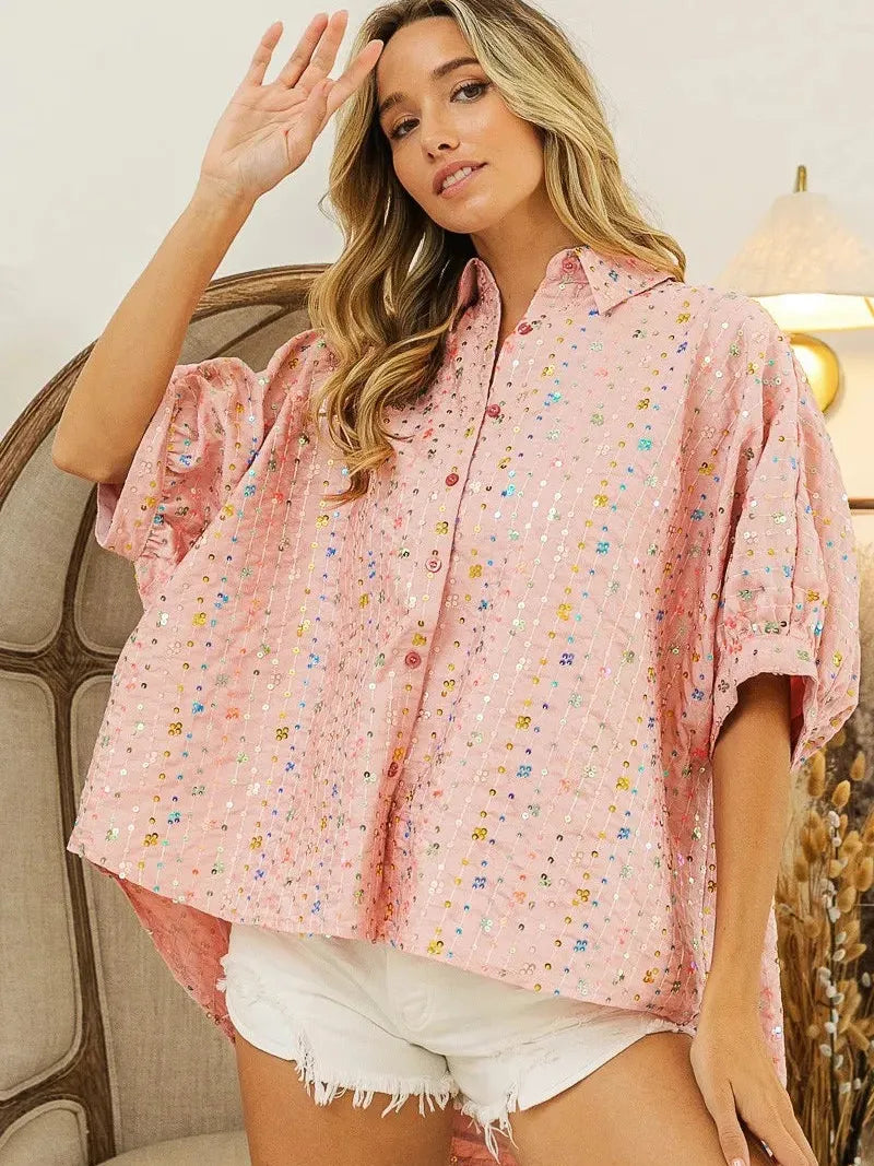 BiBi Stripe Me Shimmer Sequin Striped Dolman Sleeve Blouse-Women's Shirts & Tops-Shop Z & Joxa