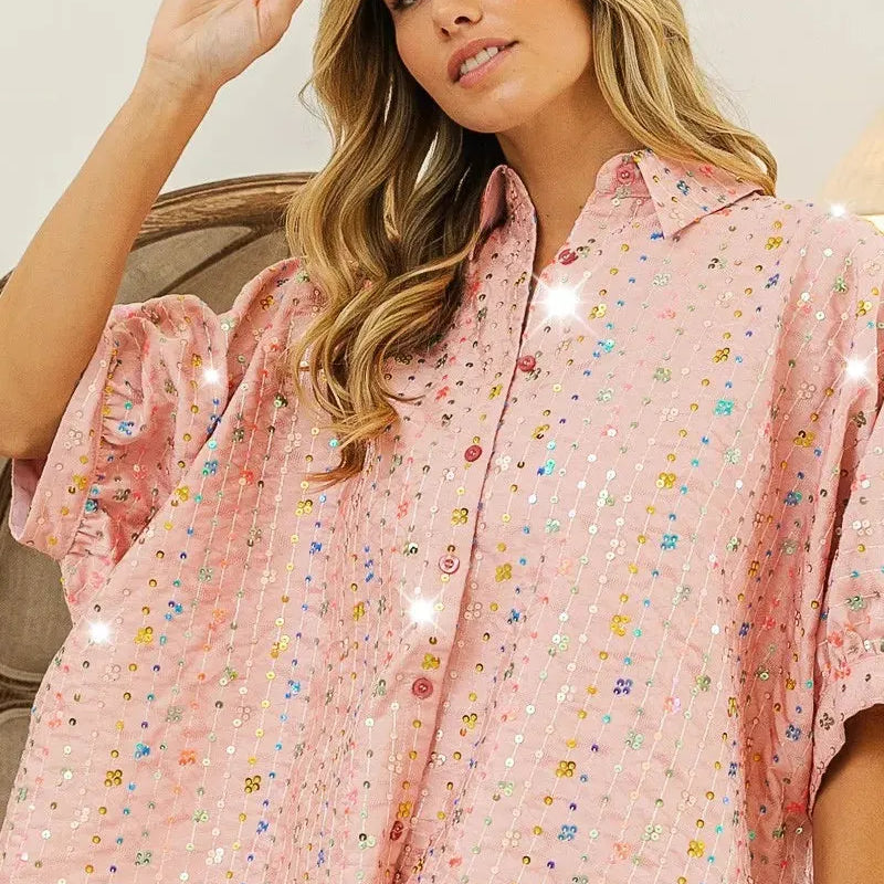 BiBi Stripe Me Shimmer Sequin Striped Dolman Sleeve Blouse-Women's Shirts & Tops-Shop Z & Joxa