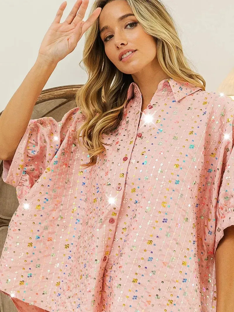 BiBi Stripe Me Shimmer Sequin Striped Dolman Sleeve Blouse-Women's Shirts & Tops-Shop Z & Joxa