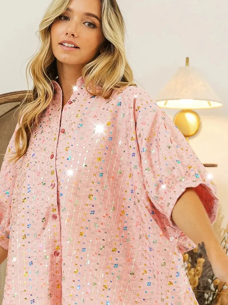 BiBi Stripe Me Shimmer Sequin Striped Dolman Sleeve Blouse-Women's Shirts & Tops-Shop Z & Joxa