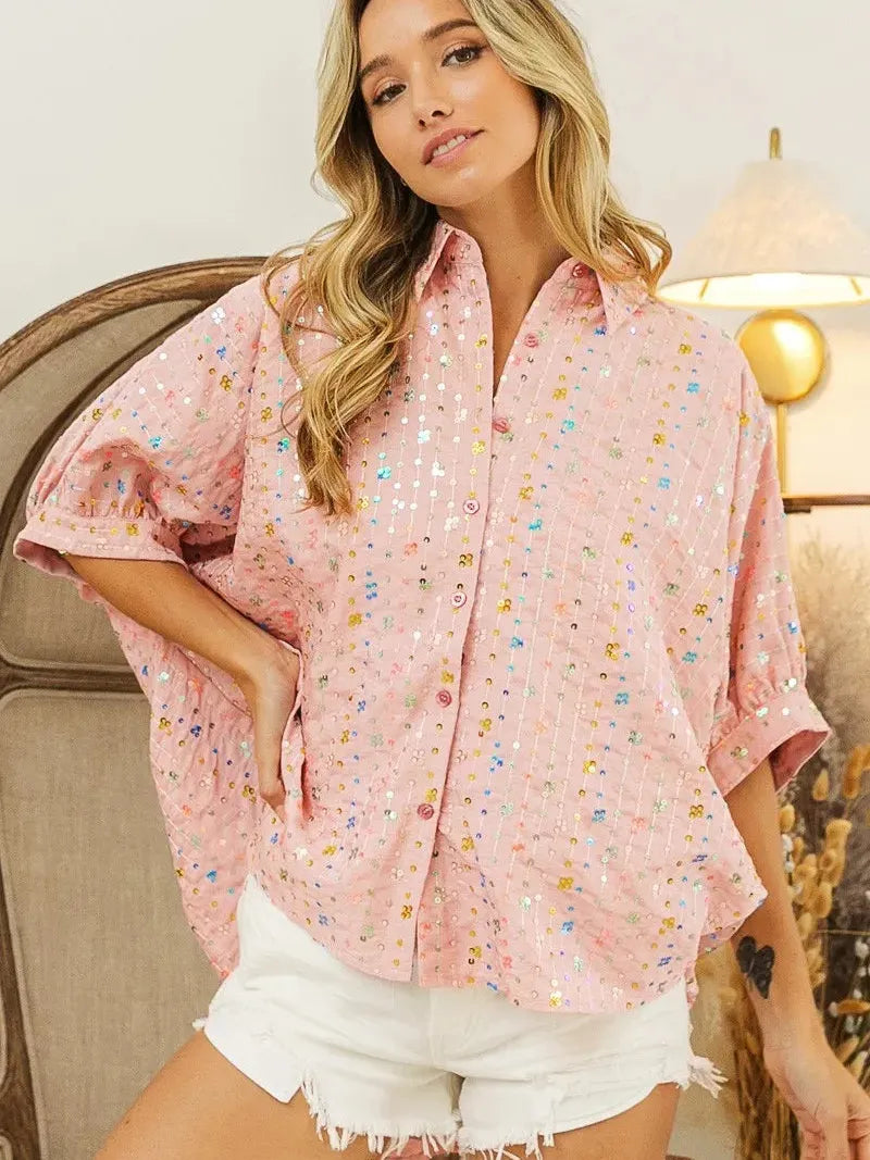 BiBi Stripe Me Shimmer Sequin Striped Dolman Sleeve Blouse-Women's Shirts & Tops-Shop Z & Joxa