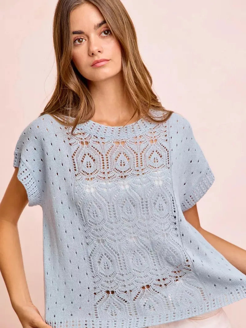 BiBi Summer Sky Blue Washed Short Sleeve Eyelet Knit Top-Women's Shirts & Tops-Shop Z & Joxa