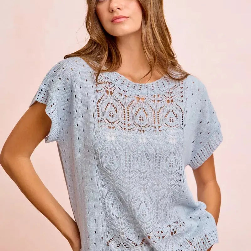 BiBi Summer Sky Blue Washed Short Sleeve Eyelet Knit Top-Women's Shirts & Tops-Shop Z & Joxa
