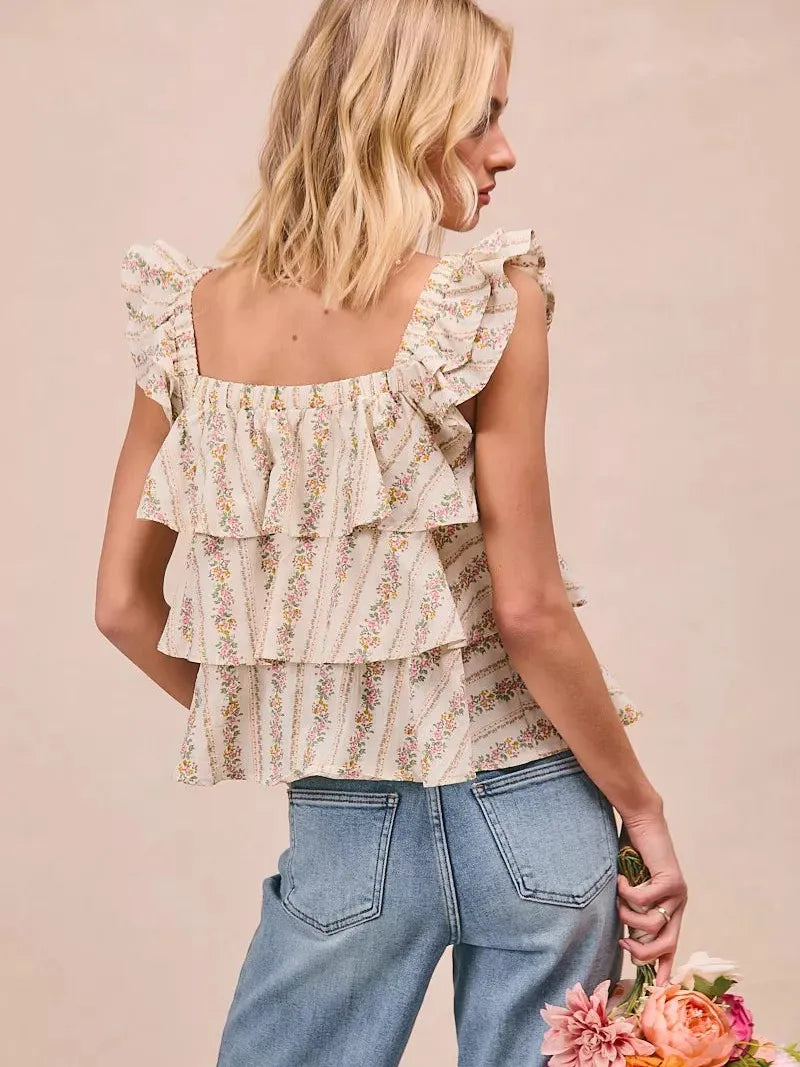 BiBi Sweet Ruffles Front Bow Square Neck Sleeveless Floral Top-Women's Shirts & Tops-Shop Z & Joxa