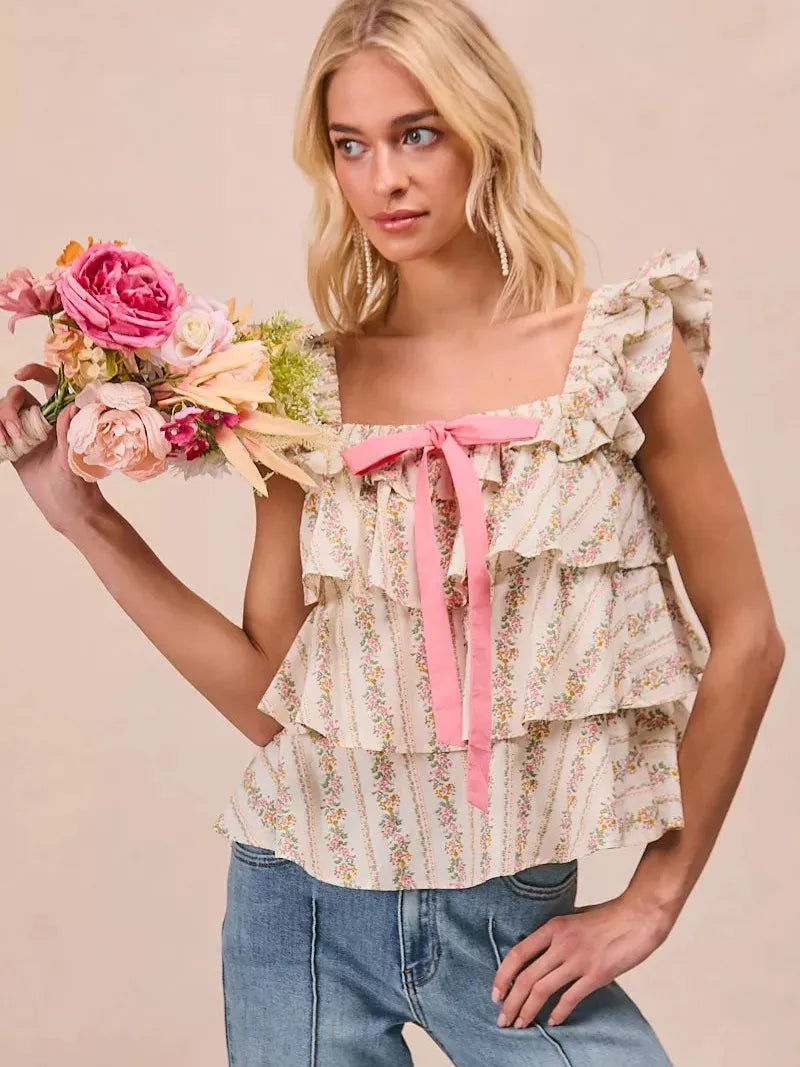 BiBi Sweet Ruffles Front Bow Square Neck Sleeveless Floral Top-Women's Shirts & Tops-Shop Z & Joxa