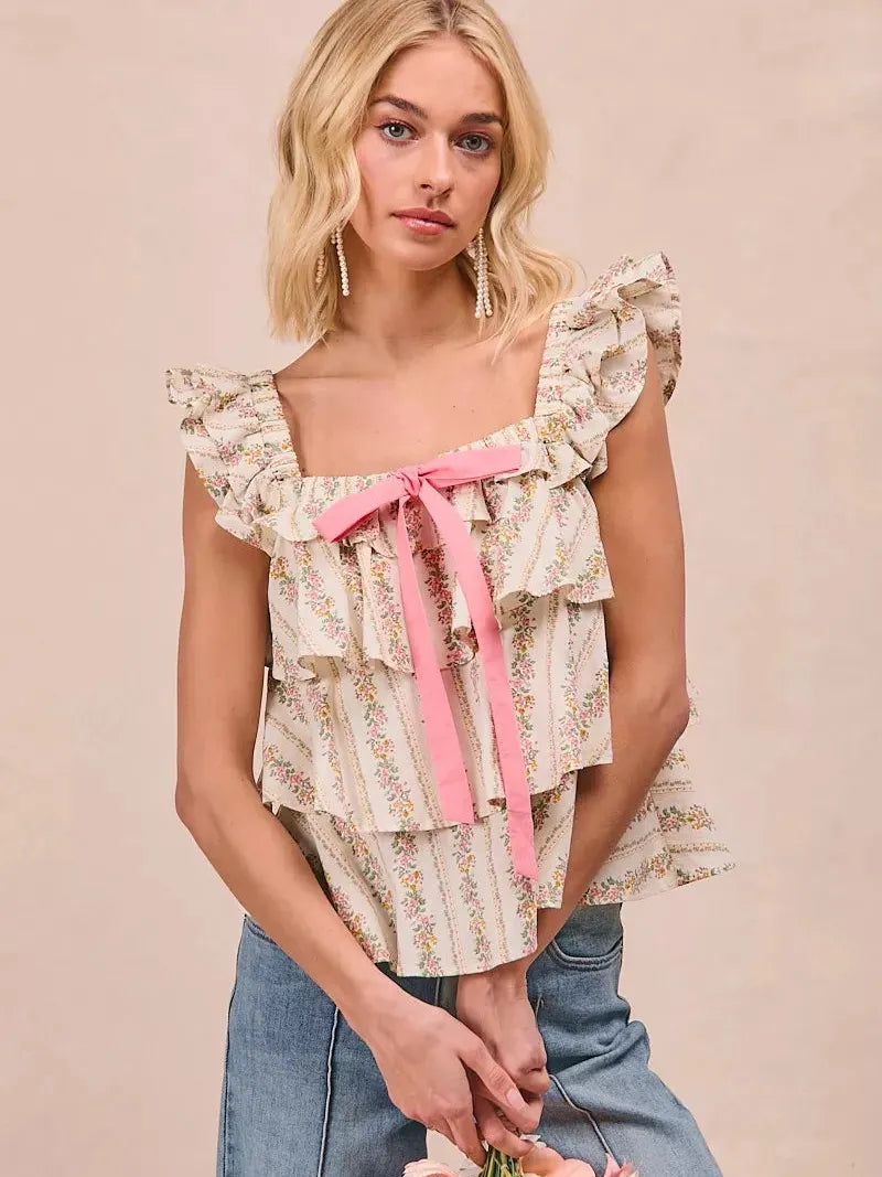 BiBi Sweet Ruffles Front Bow Square Neck Sleeveless Floral Top-Women's Shirts & Tops-Shop Z & Joxa
