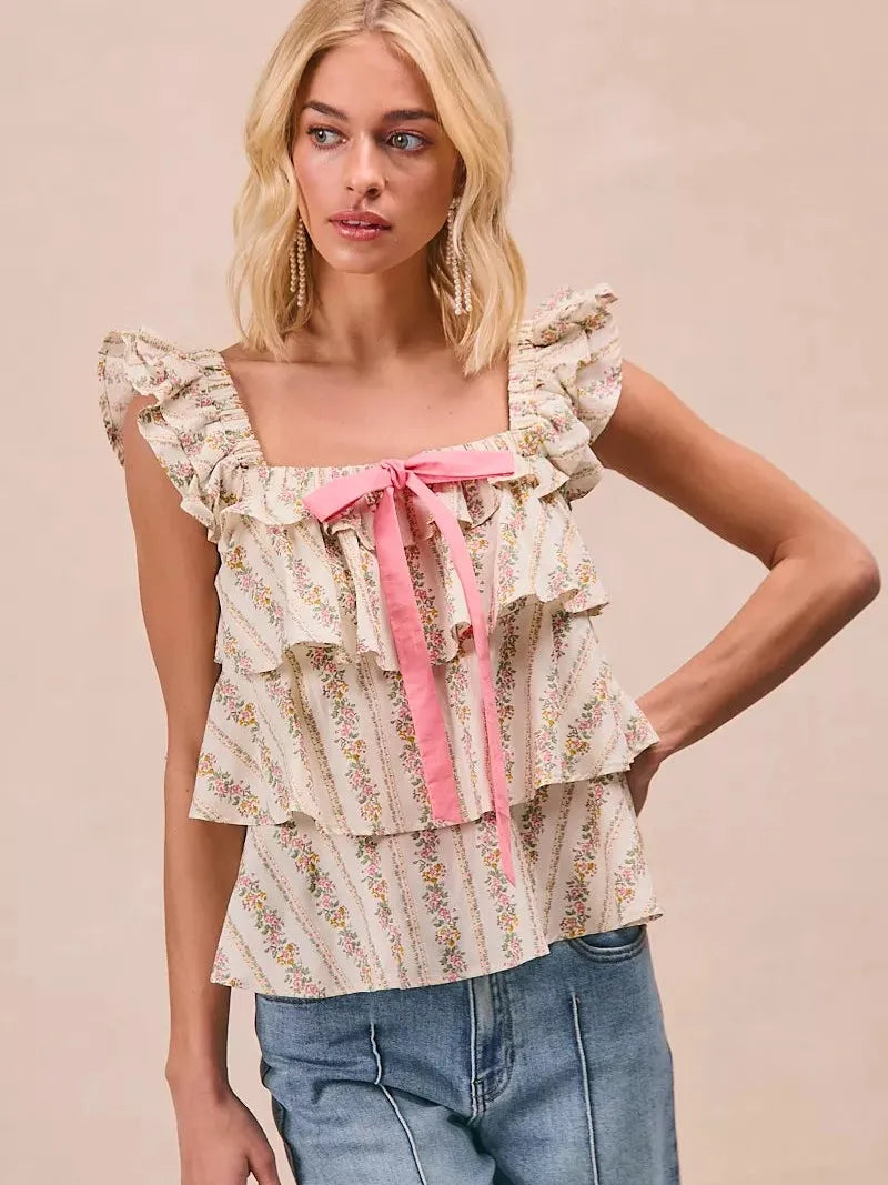 BiBi Sweet Ruffles Front Bow Square Neck Sleeveless Floral Top-Women's Shirts & Tops-Shop Z & Joxa