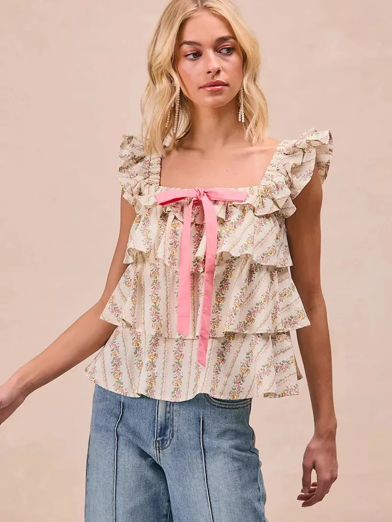 BiBi Sweet Ruffles Front Bow Square Neck Sleeveless Floral Top-Women's Shirts & Tops-Shop Z & Joxa