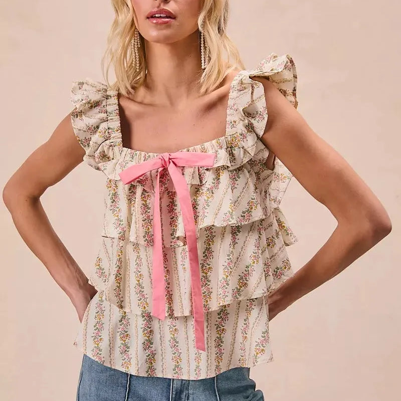 BiBi Sweet Ruffles Front Bow Square Neck Sleeveless Floral Top-Women's Shirts & Tops-Shop Z & Joxa