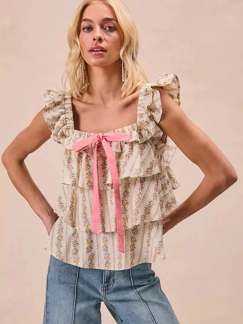 BiBi Sweet Ruffles Front Bow Square Neck Sleeveless Floral Top-Women's Shirts & Tops-Shop Z & Joxa