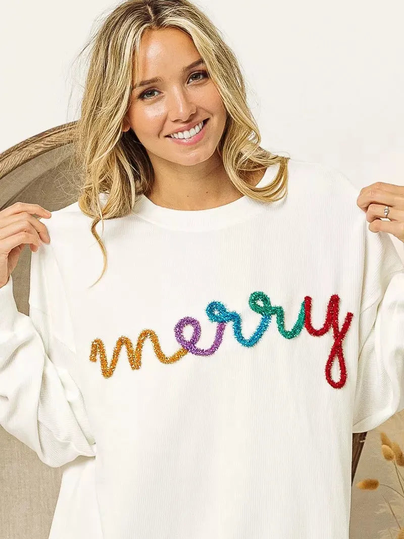 BiBi Tinsel Tidings Merry Lettering Graphic Sweatshirt-Women's Shirts & Tops-Shop Z & Joxa