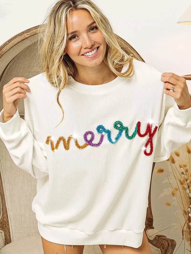 BiBi Tinsel Tidings Merry Lettering Graphic Sweatshirt-Women's Shirts & Tops-Shop Z & Joxa
