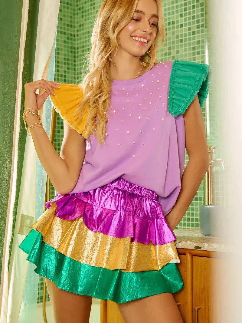 BiBi Turn Up the Shine Color Block Mardi Gras Metallic Skirt-Mini Skirts-Shop Z & Joxa