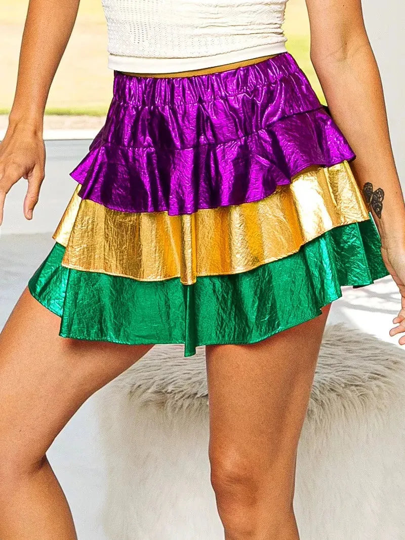 BiBi Turn Up the Shine Color Block Mardi Gras Metallic Skirt-Mini Skirts-Shop Z & Joxa
