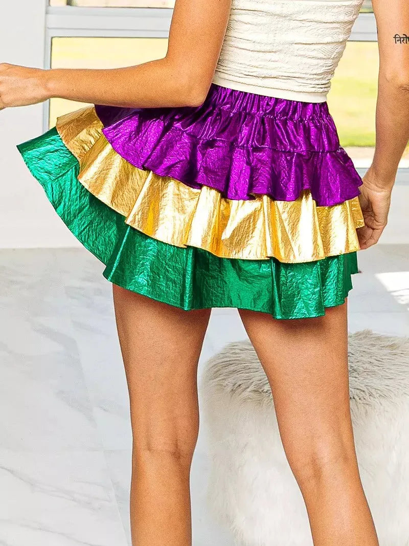 BiBi Turn Up the Shine Color Block Mardi Gras Metallic Skirt-Mini Skirts-Shop Z & Joxa