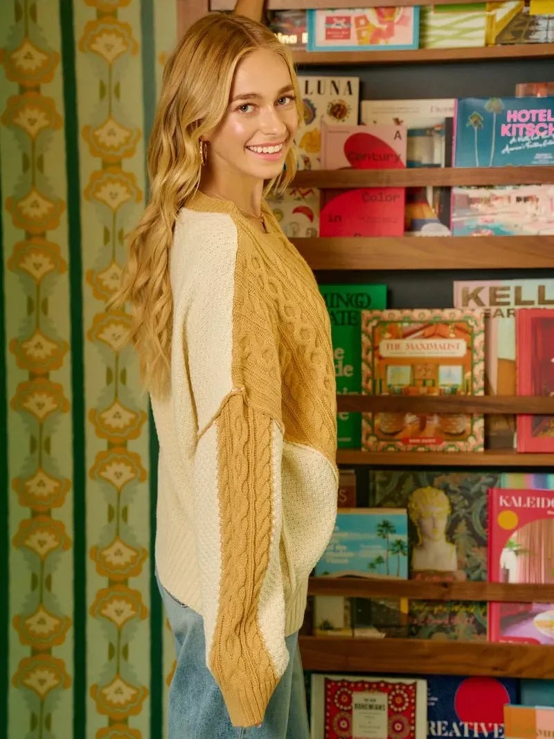 BiBi Uneven Elegance Cable Knit With Hacci Combo Sweater-Women's Shirts & Tops-Shop Z & Joxa