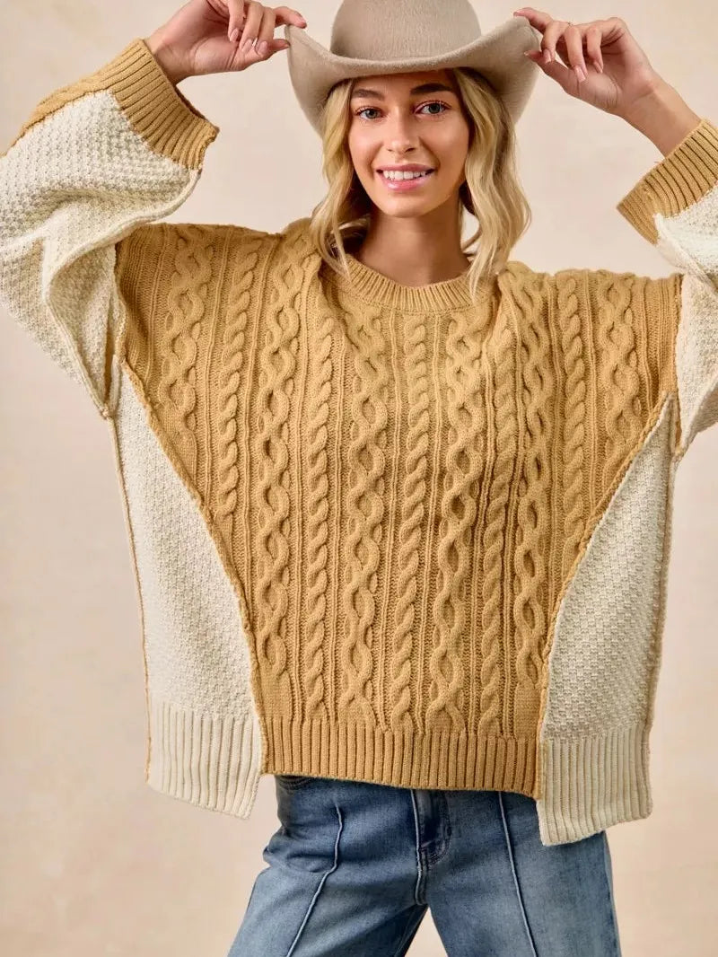 BiBi Uneven Elegance Cable Knit With Hacci Combo Sweater-Women's Shirts & Tops-Shop Z & Joxa