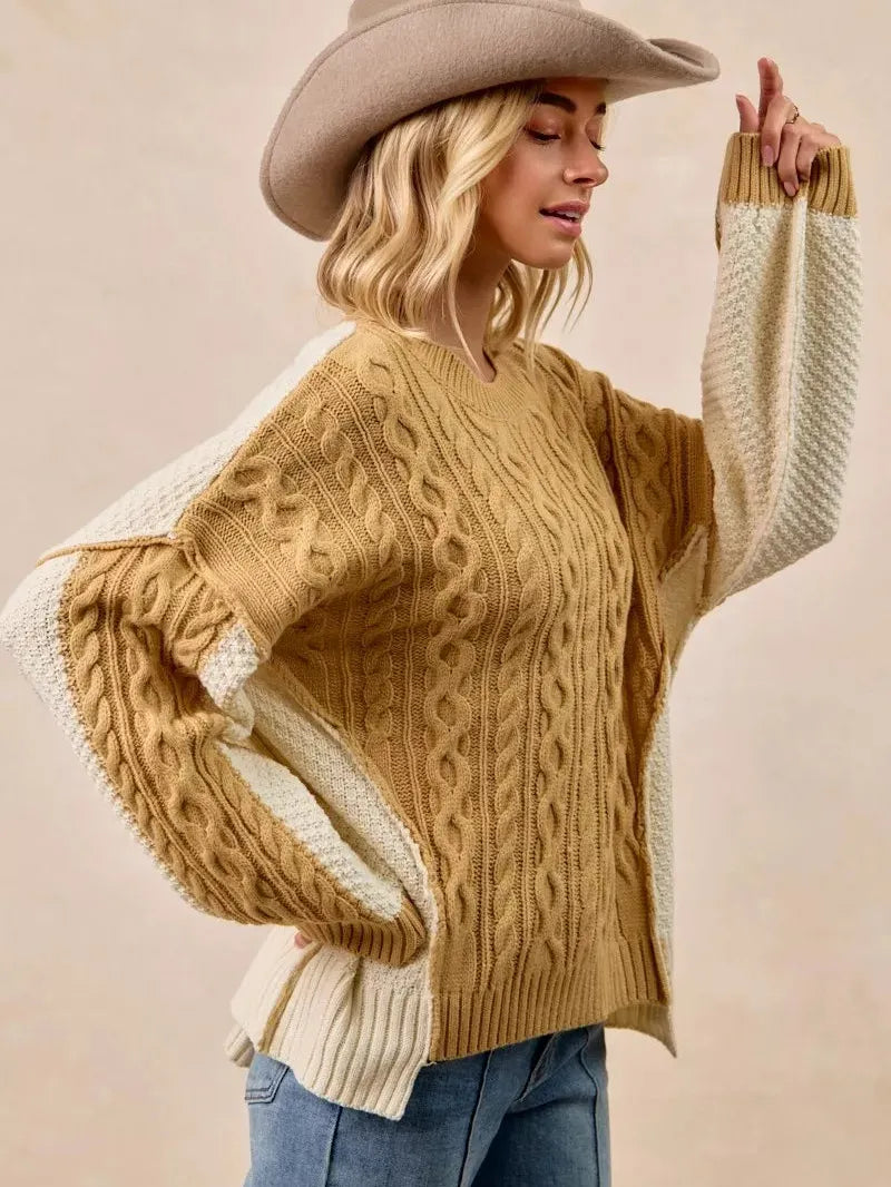 BiBi Uneven Elegance Cable Knit With Hacci Combo Sweater-Women's Shirts & Tops-Shop Z & Joxa