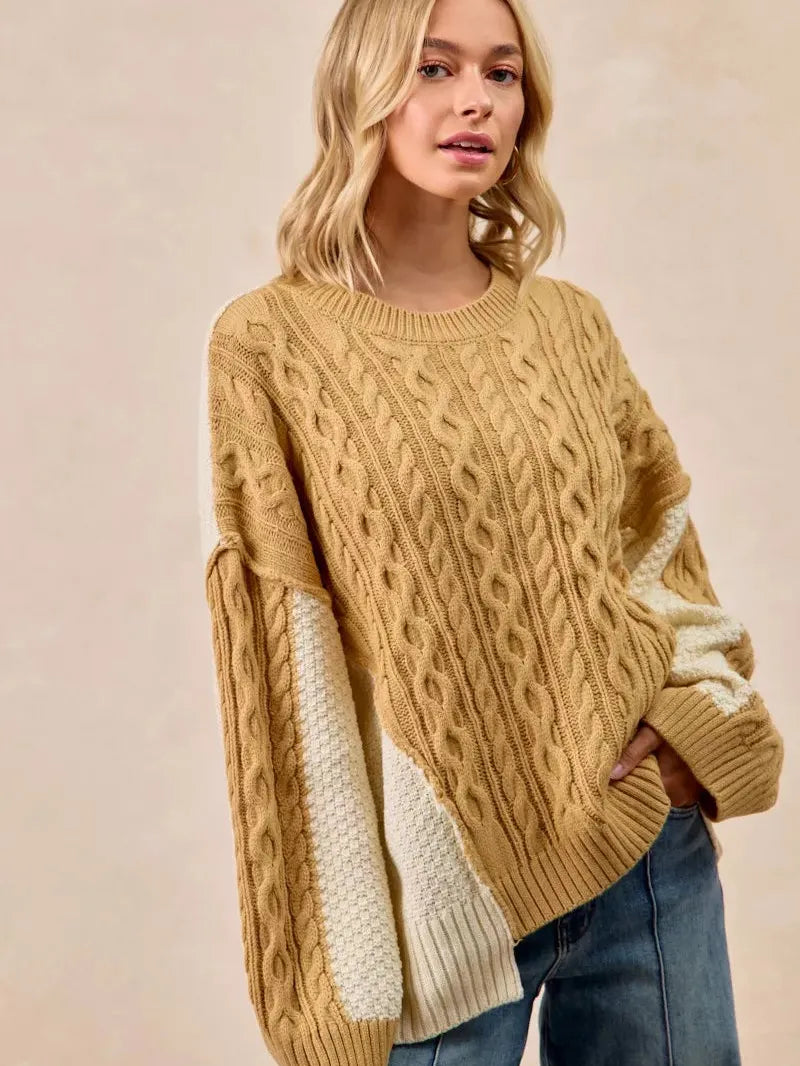BiBi Uneven Elegance Cable Knit With Hacci Combo Sweater-Women's Shirts & Tops-Shop Z & Joxa