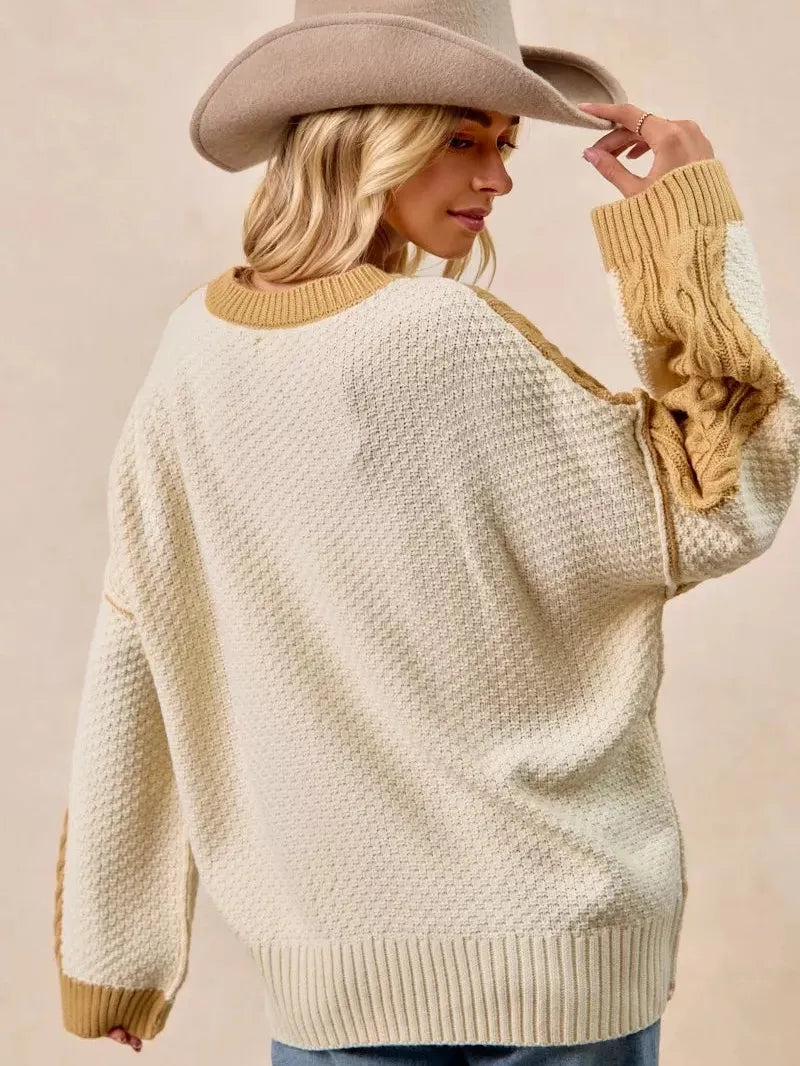 BiBi Uneven Elegance Cable Knit With Hacci Combo Sweater-Women's Shirts & Tops-Shop Z & Joxa
