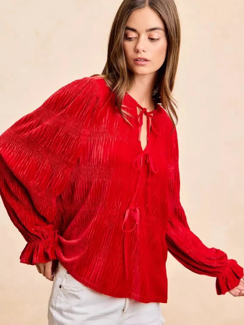 BiBi Velvet Kiss Bow Tied Long Sleeve Top With Tie Detail-Women's Shirts & Tops-Shop Z & Joxa