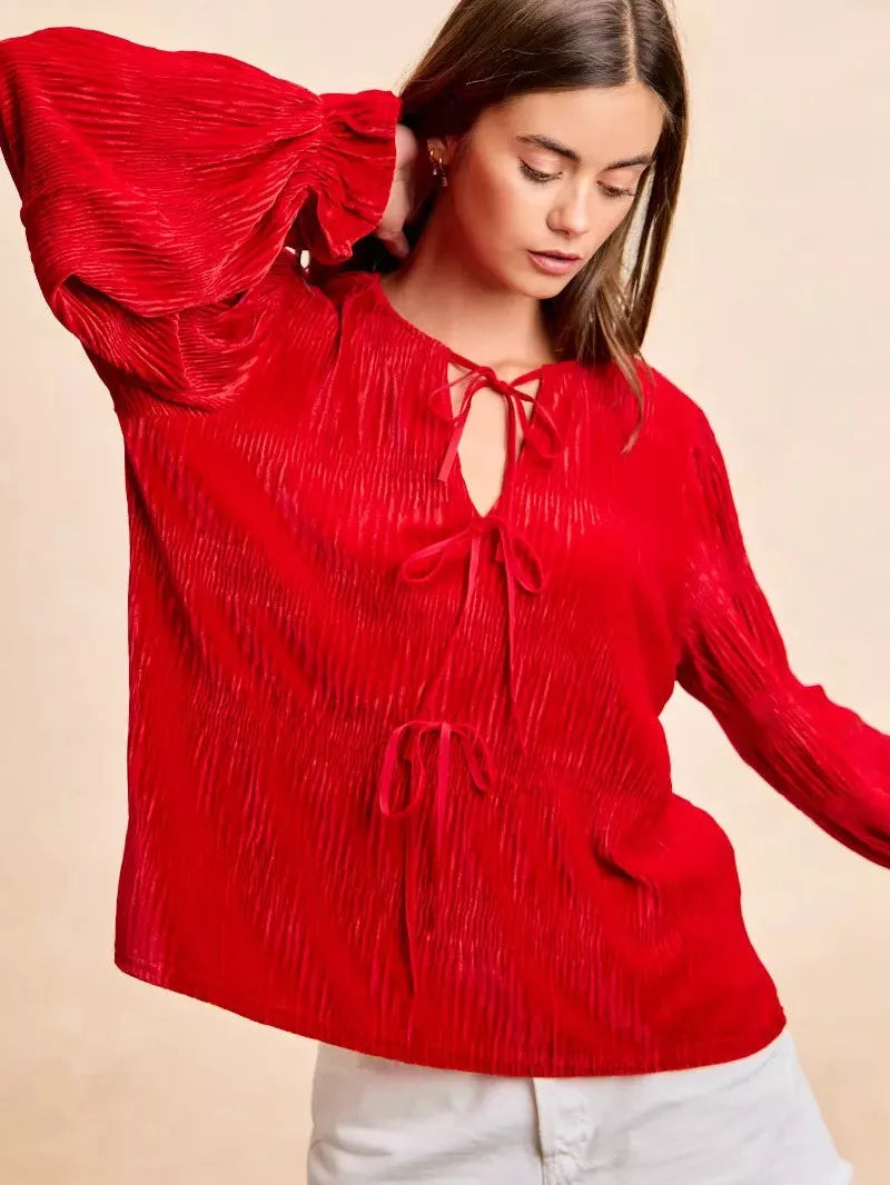 BiBi Velvet Kiss Bow Tied Long Sleeve Top With Tie Detail-Women's Shirts & Tops-Shop Z & Joxa