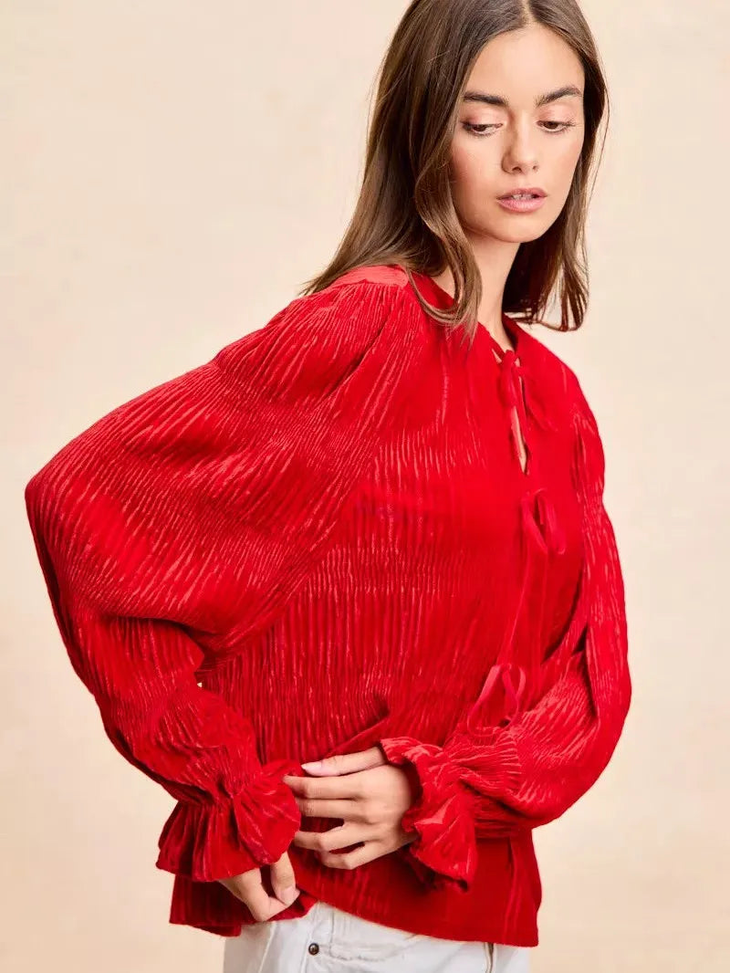 BiBi Velvet Kiss Bow Tied Long Sleeve Top With Tie Detail-Women's Shirts & Tops-Shop Z & Joxa