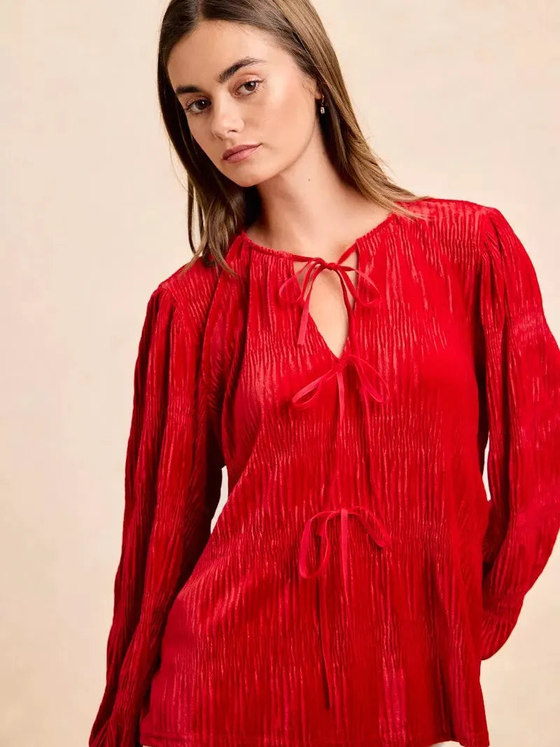 BiBi Velvet Kiss Bow Tied Long Sleeve Top With Tie Detail-Women's Shirts & Tops-Shop Z & Joxa