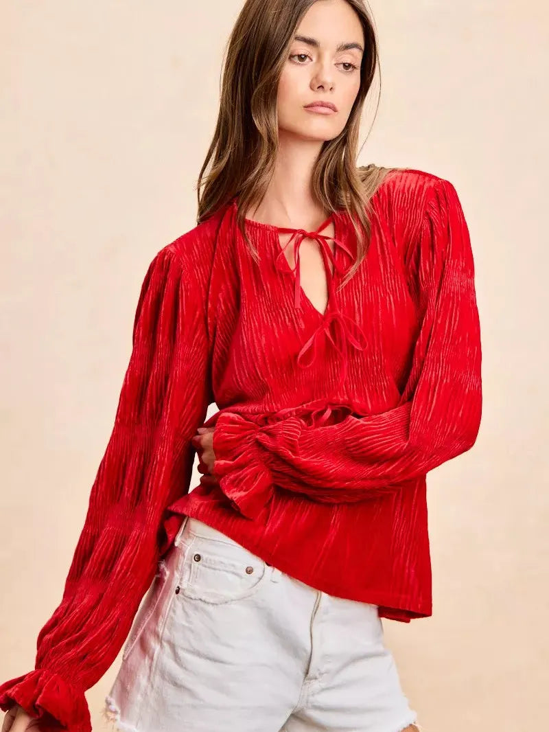 BiBi Velvet Kiss Bow Tied Long Sleeve Top With Tie Detail-Women's Shirts & Tops-Shop Z & Joxa