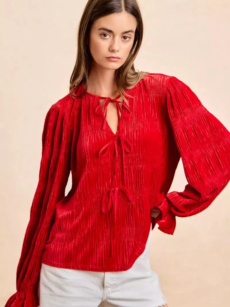 BiBi Velvet Kiss Bow Tied Long Sleeve Top With Tie Detail-Women's Shirts & Tops-Shop Z & Joxa