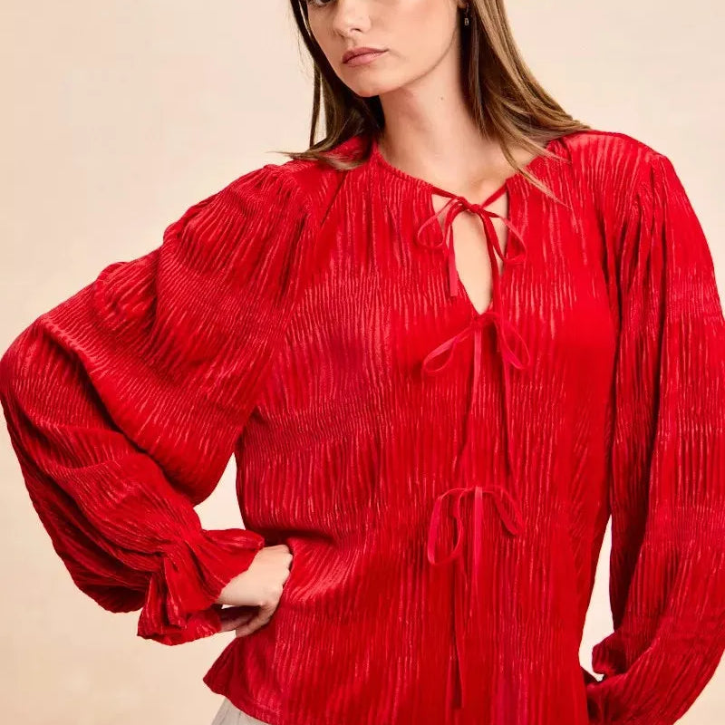 BiBi Velvet Kiss Bow Tied Long Sleeve Top With Tie Detail-Women's Shirts & Tops-Shop Z & Joxa