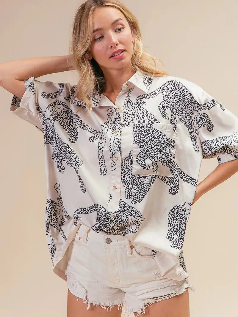BiBi Wild Charm Short Sleeve Satin Leopard Top-Women's Shirts & Tops-Shop Z & Joxa