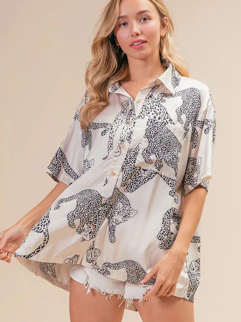 BiBi Wild Charm Short Sleeve Satin Leopard Top-Women's Shirts & Tops-Shop Z & Joxa