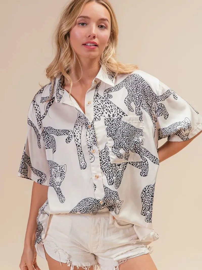 BiBi Wild Charm Short Sleeve Satin Leopard Top-Women's Shirts & Tops-Shop Z & Joxa