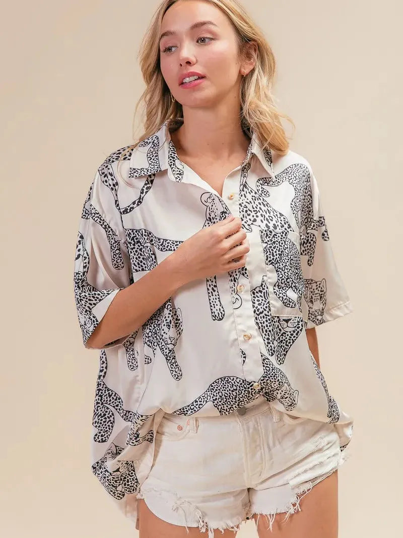 BiBi Wild Charm Short Sleeve Satin Leopard Top-Women's Shirts & Tops-Shop Z & Joxa