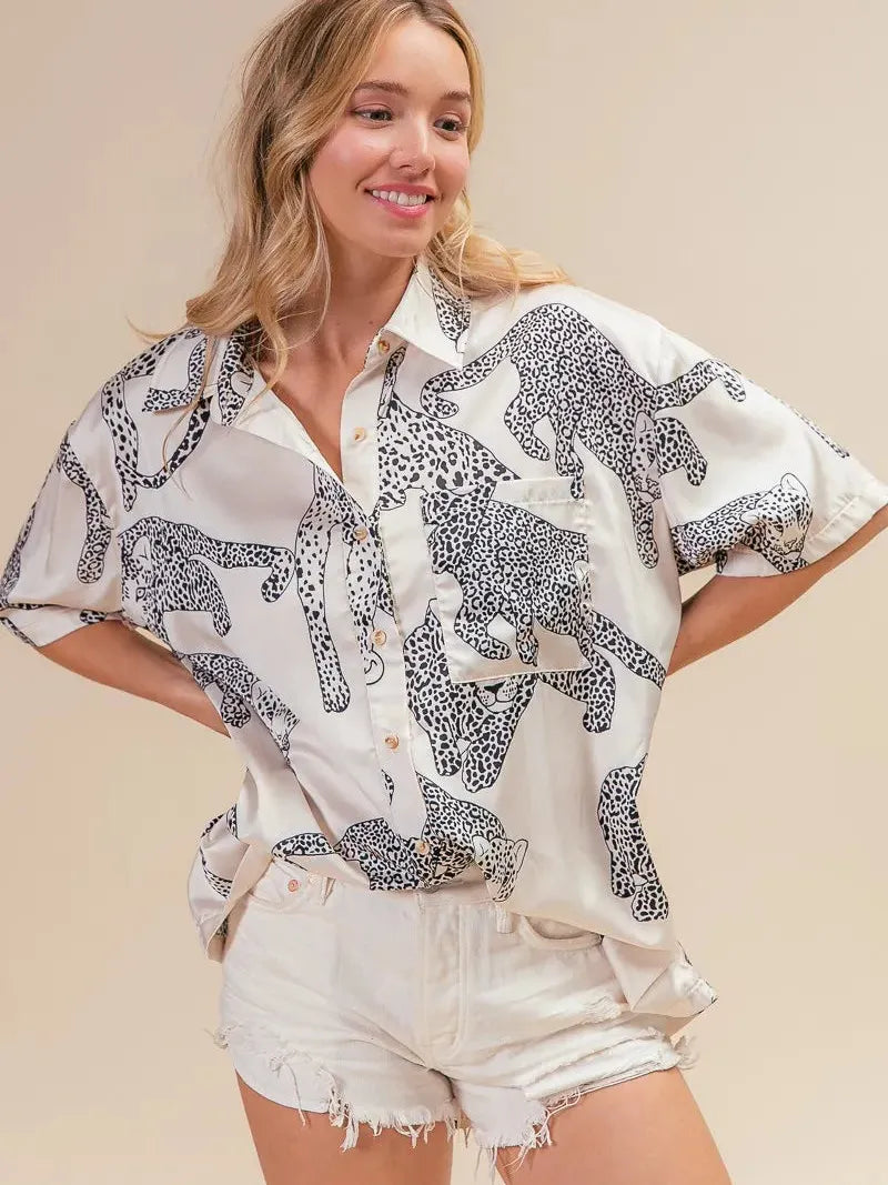 BiBi Wild Charm Short Sleeve Satin Leopard Top-Women's Shirts & Tops-Shop Z & Joxa