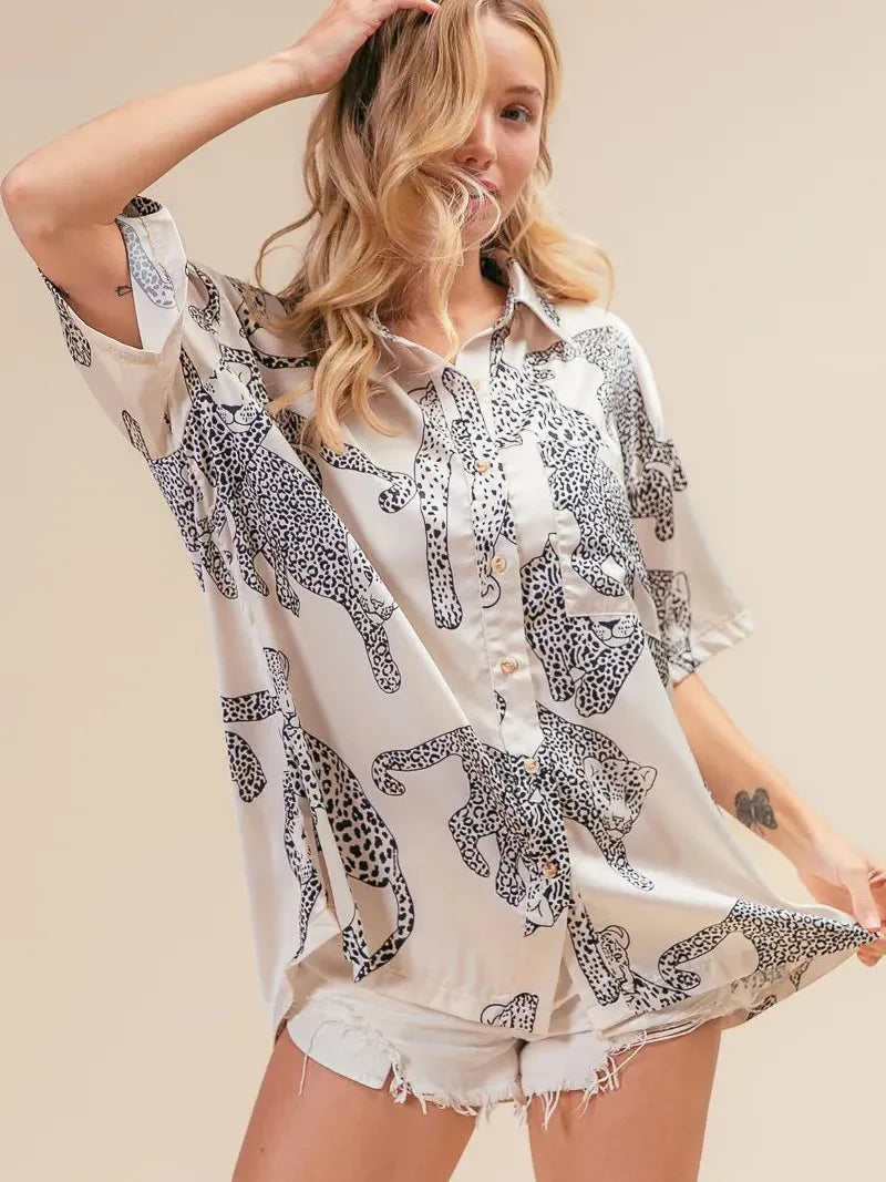 BiBi Wild Charm Short Sleeve Satin Leopard Top-Women's Shirts & Tops-Shop Z & Joxa