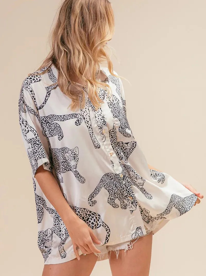 BiBi Wild Charm Short Sleeve Satin Leopard Top-Women's Shirts & Tops-Shop Z & Joxa