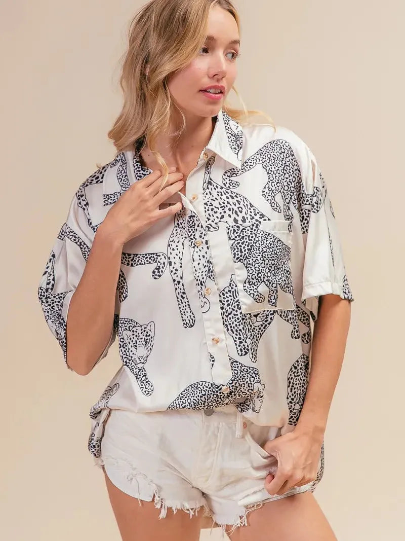 BiBi Wild Charm Short Sleeve Satin Leopard Top-Women's Shirts & Tops-Shop Z & Joxa