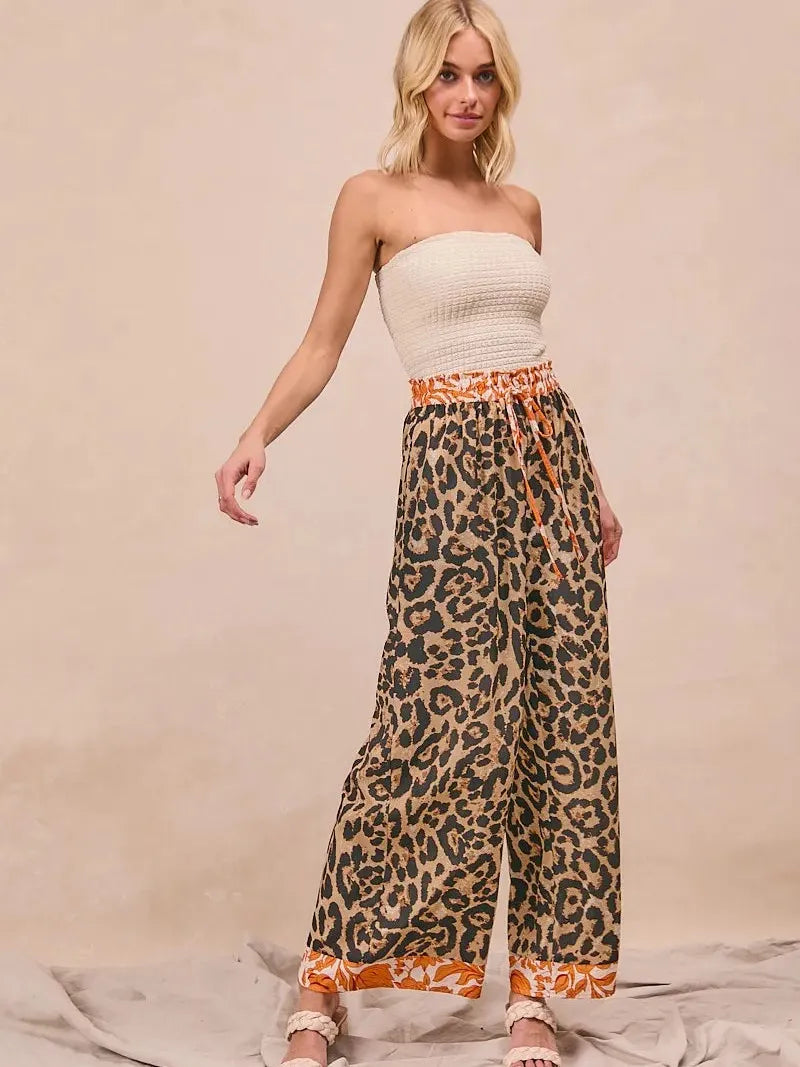 BiBi Wild Ember Leopard Print Contrast Banded Wide Leg Pants-Women's Pants-Shop Z & Joxa